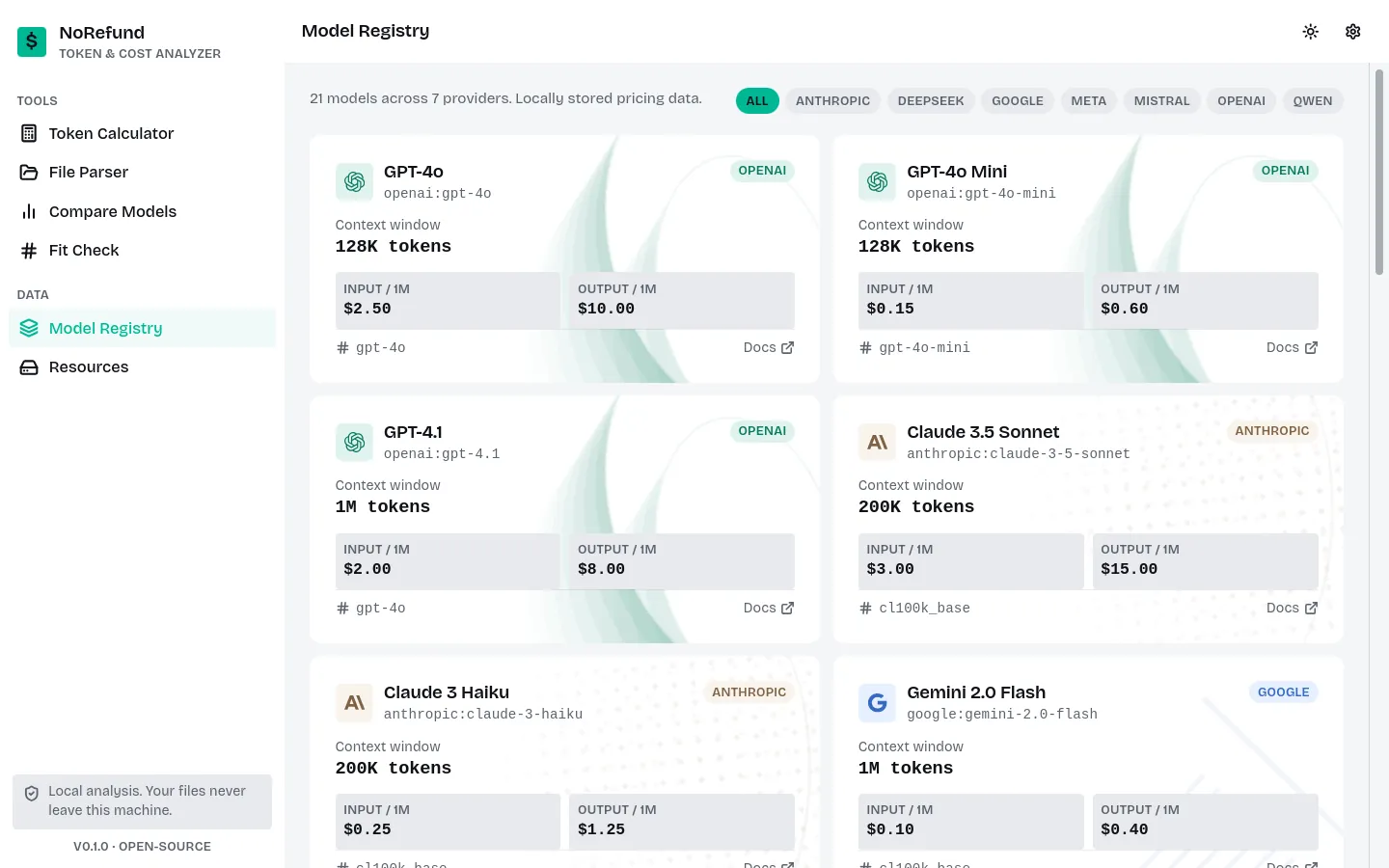Model Registry showing every supported model's context window, price, and architecture, filterable by provider