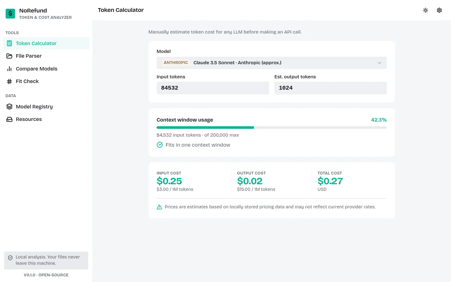 Token Calculator context bar and cost breakdown